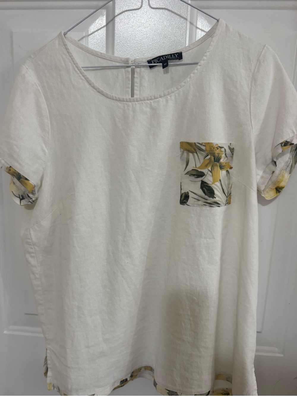 White Linen-Blend Short Sleeve Top with Yellow Floral Trim